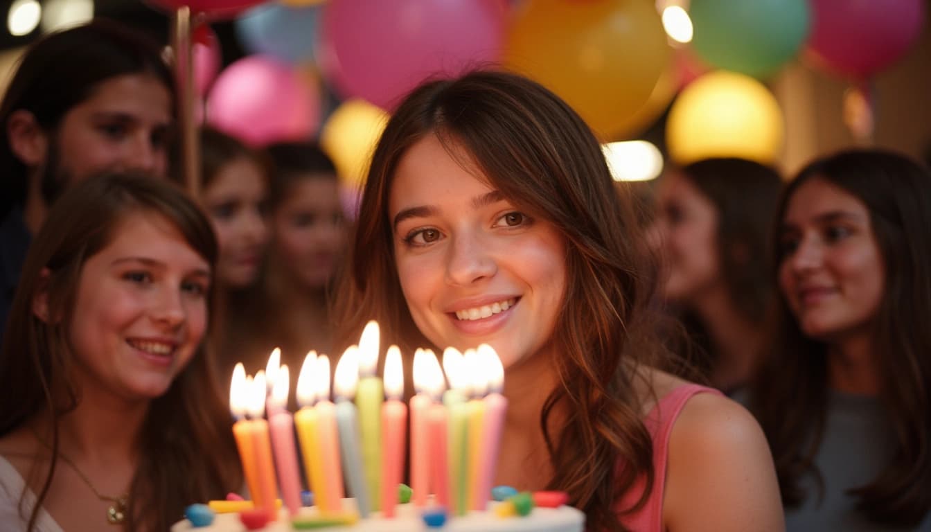 Una giovane donna sorridente che soffia su una torta di compleanno con 31 candeline, circondata da amici e familiari in un ambiente festoso e colorato.