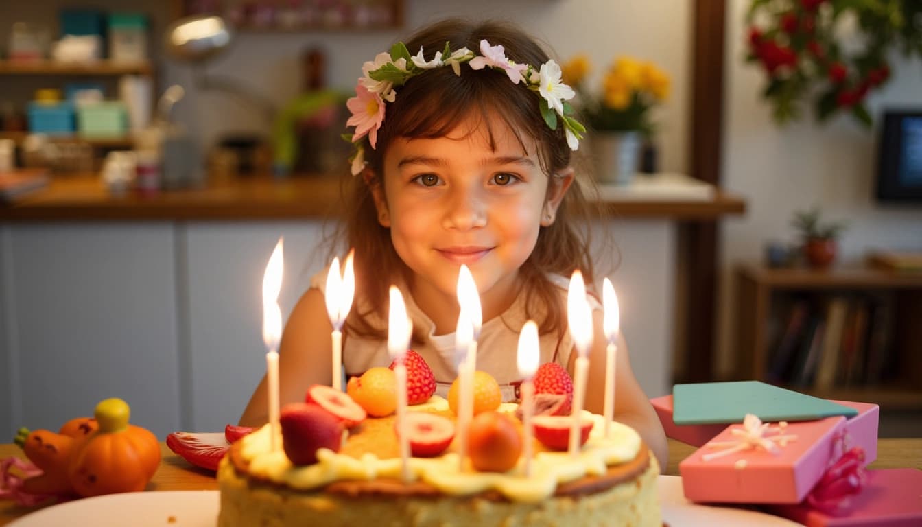 Ein fröhliches fünfjähriges Mädchen mit Blumen im Haar, das vor einem bunten Geburtstagskuchen mit fünf brennenden Kerzen sitzt, umgeben von Schmetterlingen und Geschenken