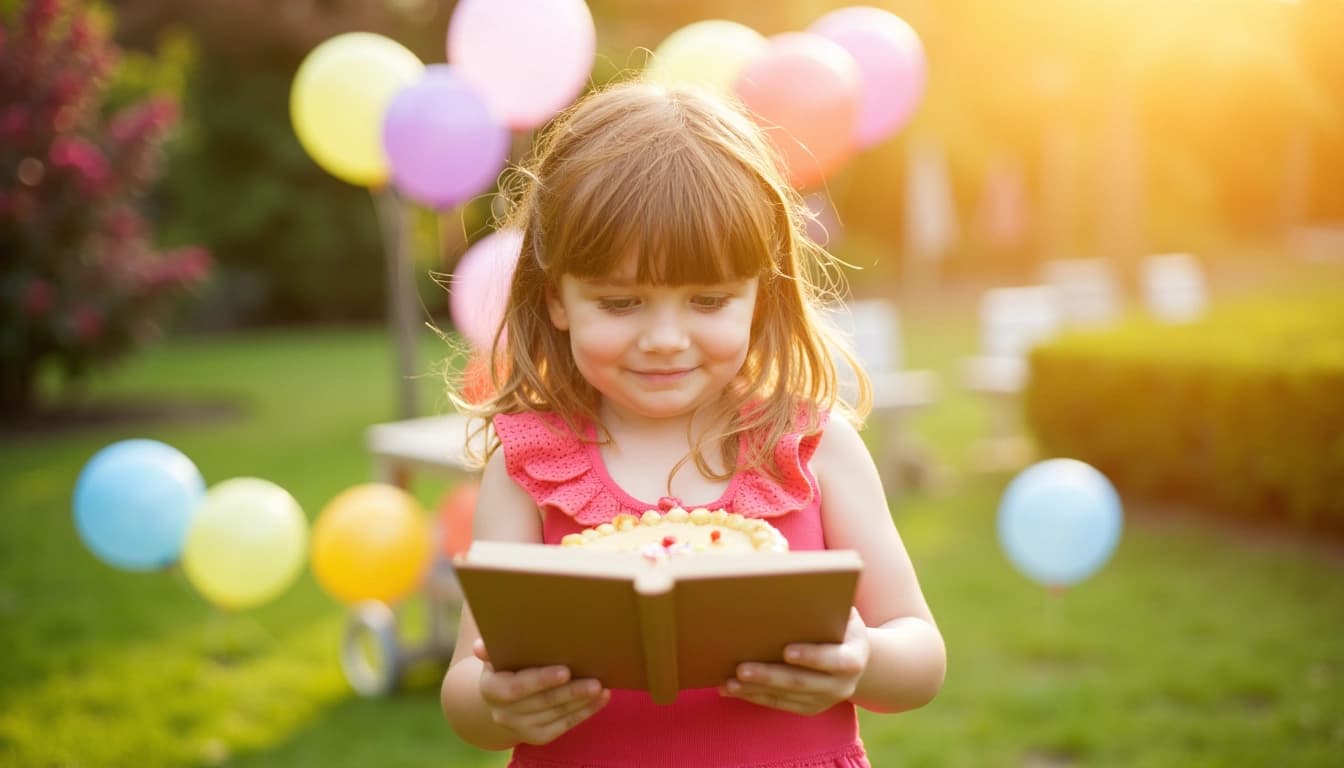 Ein lächelndes Mädchen mit Zöpfen, das ein aufgeschlagenes Buch hält, umgeben von bunten Luftballons und einem Geburtstagskuchen mit neun Kerzen in einem sonnigen Garten.