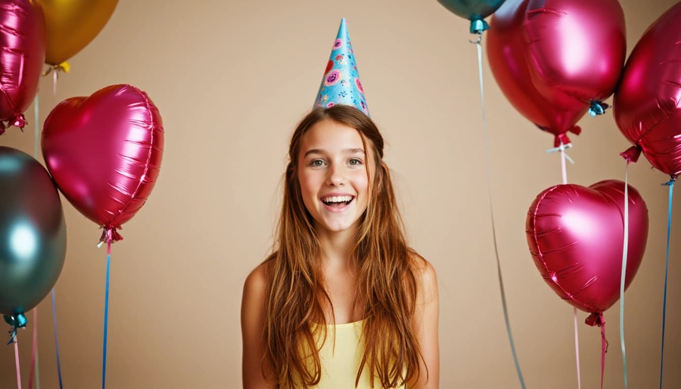 Een vrolijk lachend meisje met lang blond haar, staand voor een kleurrijke verjaardagstaart met acht brandende kaarsjes, omringd door ballonnen en cadeautjes.