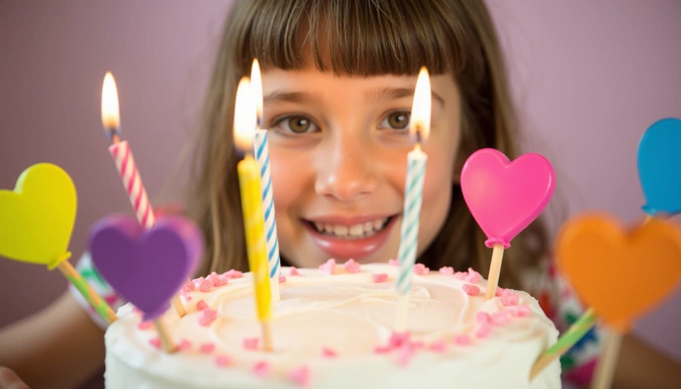 Una bambina sorridente di 6 anni che soffia su una torta di compleanno con sei candeline, circondata da palloncini colorati e amici festanti